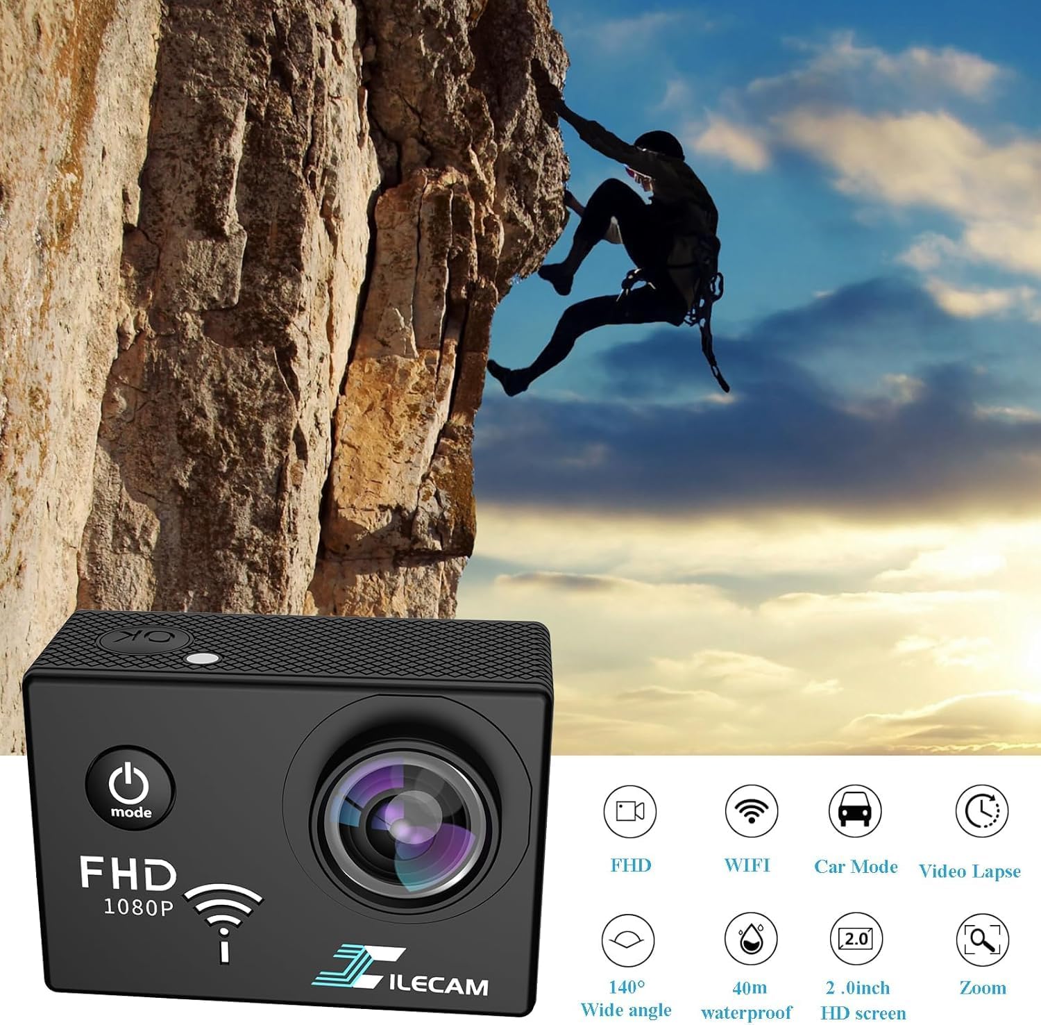 WiFi Sports Camera 4xZoom Action Camera 40m/131ft Underwater Waterproof with 2 X1050 mAh Batteries and Multi-Function - Image 2